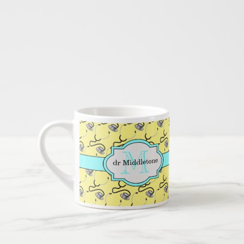 Funny stethoscopes for doctors on yellow name espresso cup