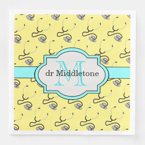 Funny stethoscopes for doctors on yellow name paper dinner napkins
