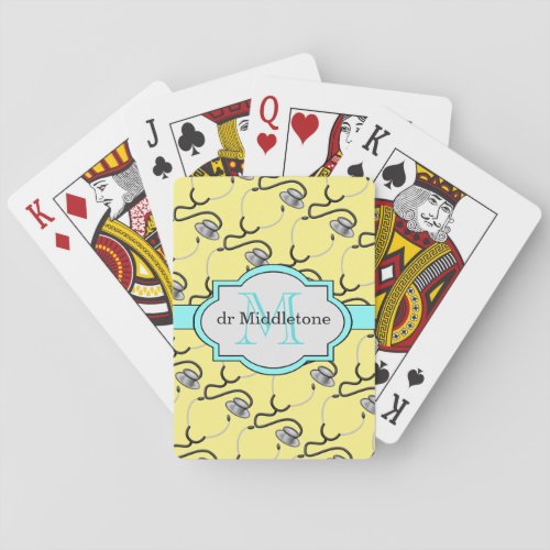 Funny stethoscopes for doctors on yellow name poker cards