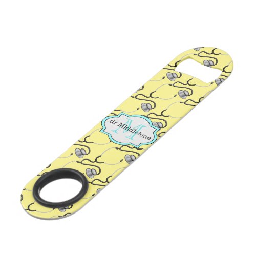Funny stethoscopes for doctors on yellow name speed bottle opener