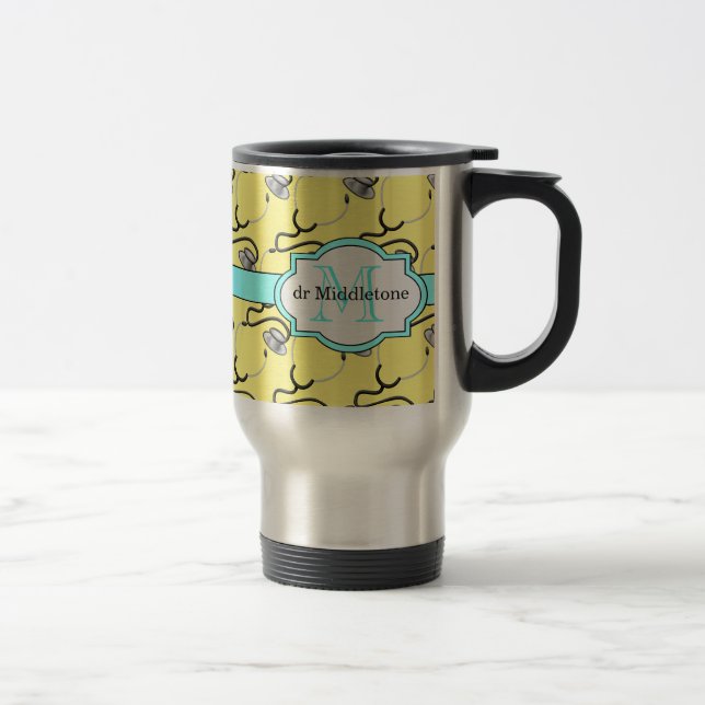 Funny stethoscopes for doctors on yellow name travel mug (Right)