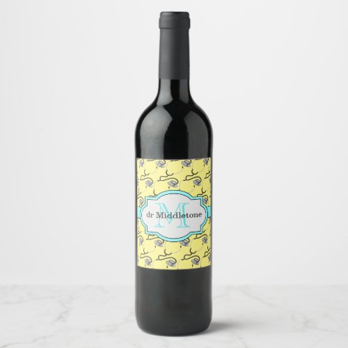 Funny stethoscopes for doctors on yellow name wine label