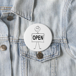 Funny Stick Figure Holding Open Sign  Button