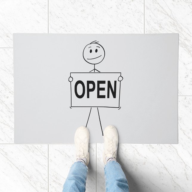 Funny Stick Figure Holding Open Sign  Doormat (Creator Uploaded)