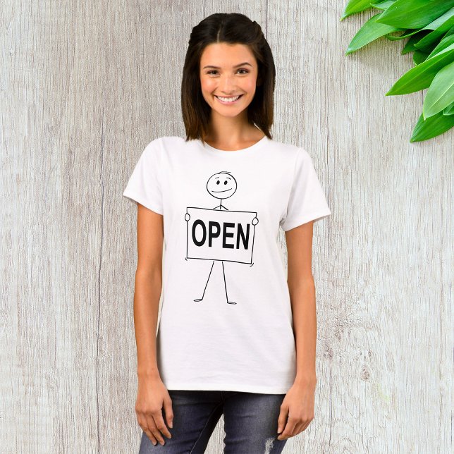 Funny Stick Figure Holding Open Sign  T-Shirt (Creator Uploaded)