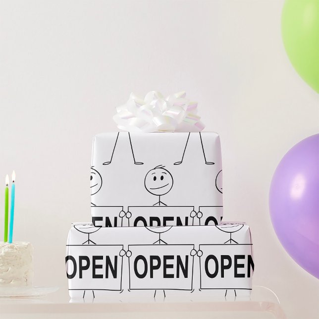 Funny Stick Figure Holding Open Sign  Wrapping Paper (Creator Uploaded)