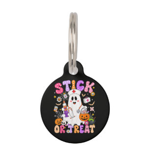 Funny Stick Or Treat Cute Nurse Ghost Halloween Pet ID Tag