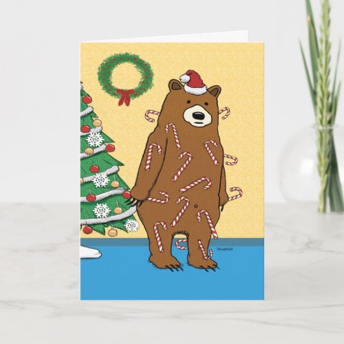 Funny Sticky Candy Cane Bear Christmas Holiday Card