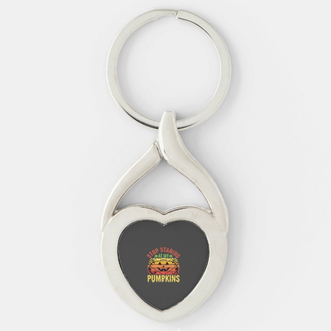 Funny Stop Staring At My Pumpkins Halloween Design Keychain (Front)