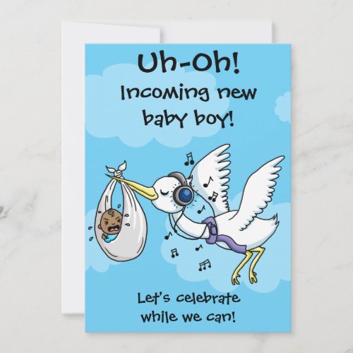 Funny stork and screaming baby shower card