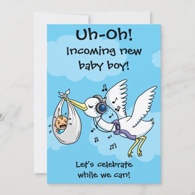 Funny stork and screaming baby shower card (Front)
