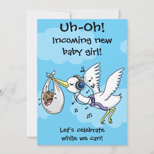 Funny stork and screaming baby shower card