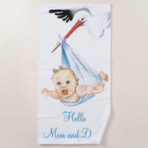 Funny Stork Carrying Baby Beach Towel Custom Text