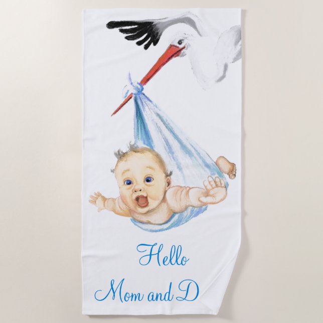 Funny Stork Carrying Baby Beach Towel Custom Text (Front)