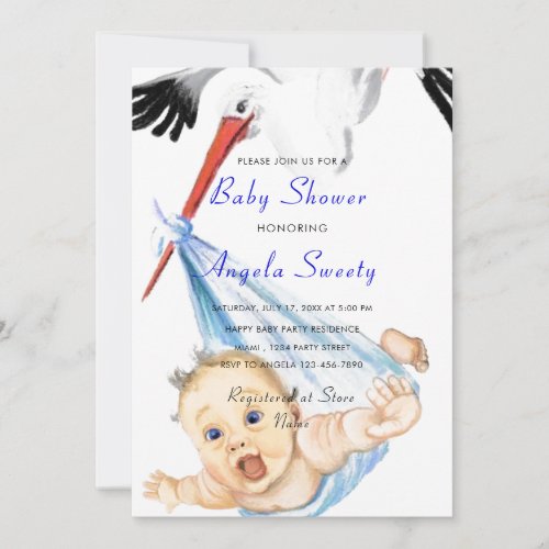Funny Stork Carrying Baby Boy Shower Invitation