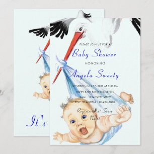 Funny Stork Carrying Baby Boy Shower Invitation