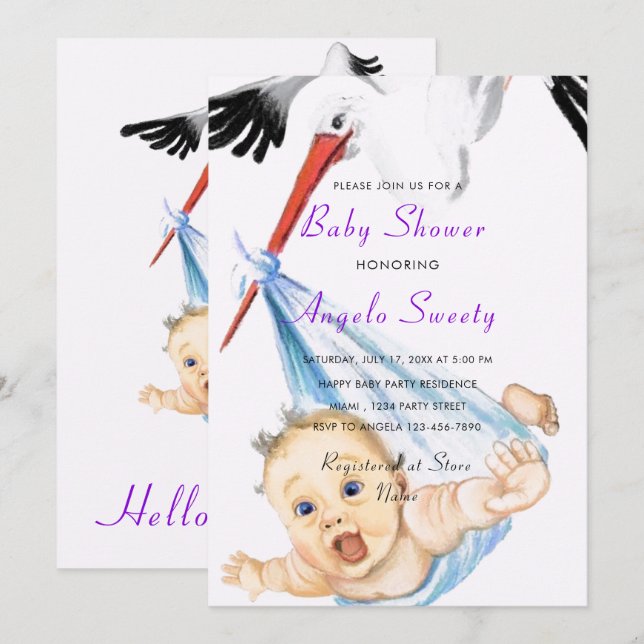 Funny Stork Carrying Baby Shower Invitation (Front/Back)