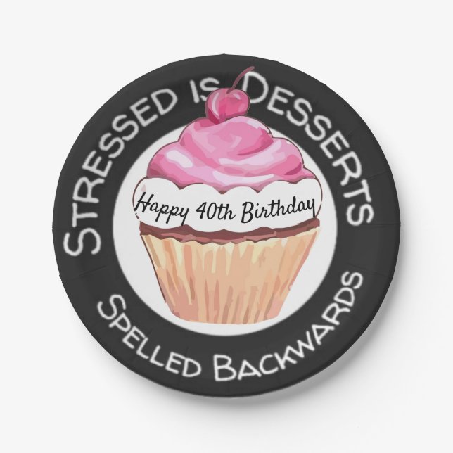 Funny Stressed is Desserts quote Happy Birthday Paper Plates (Front)