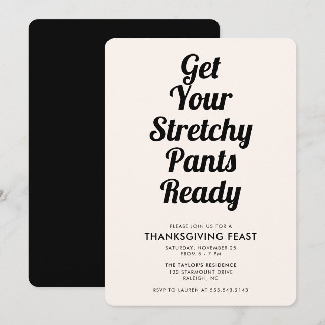 Funny Stretchy Pants Thanksgiving Dinner Black Invitation (Front/Back)