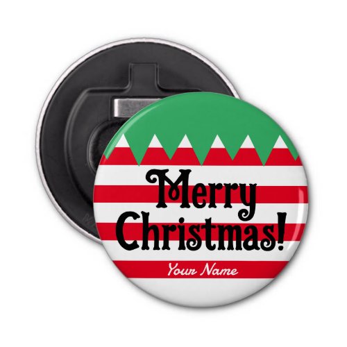 Funny striped Christmas elf suit personalized Bottle Opener