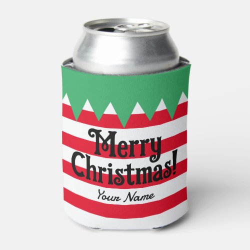 Funny striped Christmas elf suit personalized Can Cooler