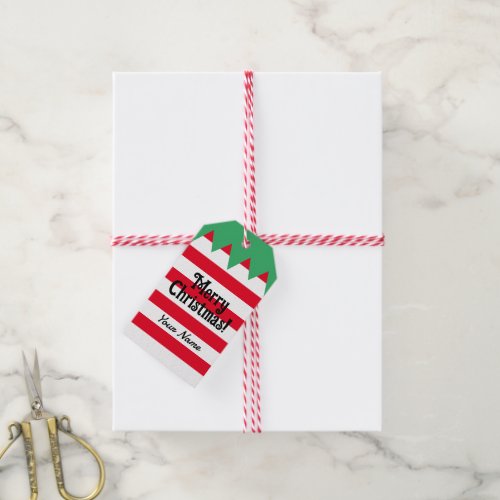 Funny striped Christmas elf suit personalized Gift Tags