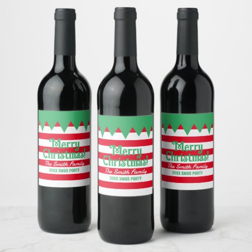 Funny striped Christmas elf suit personalized Wine Label