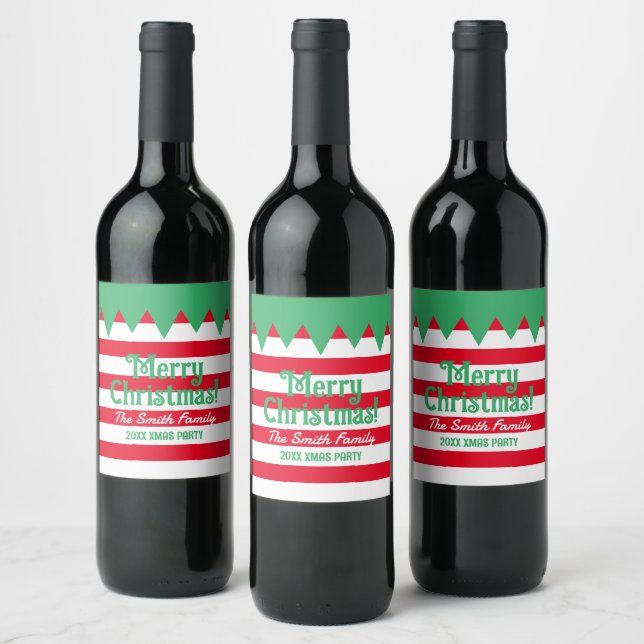 Funny striped Christmas elf suit personalized Wine Label (Bottles)