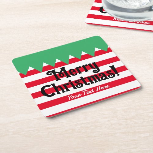 Funny striped Christmas party elf custom Square Paper Coaster