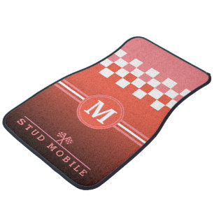 Funny STUD MOBILE Checkered with Monogram ORANGE Car Floor Mat