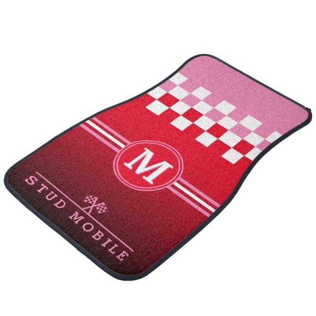 Funny STUD MOBILE Checkered with Monogram | RED Car Floor Mat (Angled)