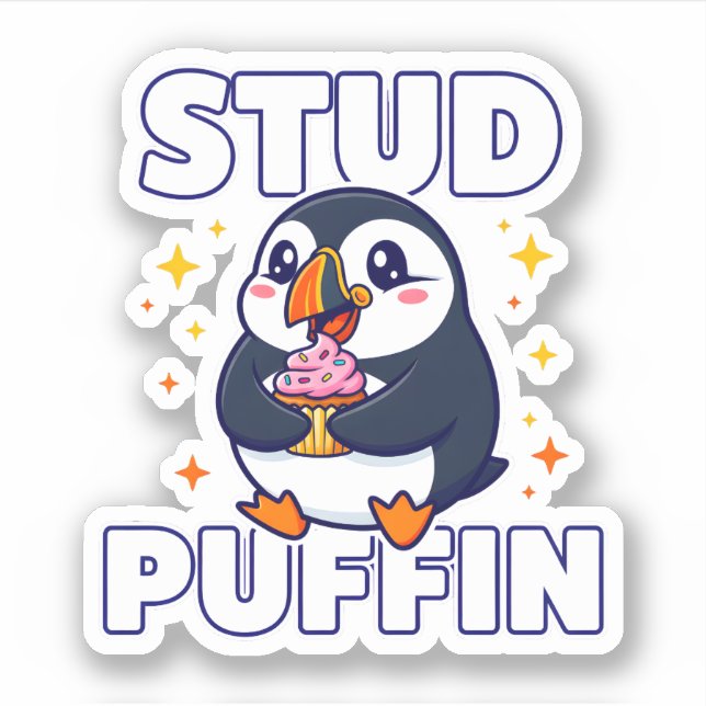 Funny Stud Puffin Cute Bird Cupcake Pun Graphic Sticker (Front)