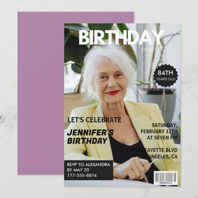 Funny  Stylish Photo Magazine 84th birthday Invitation (Front/Back)