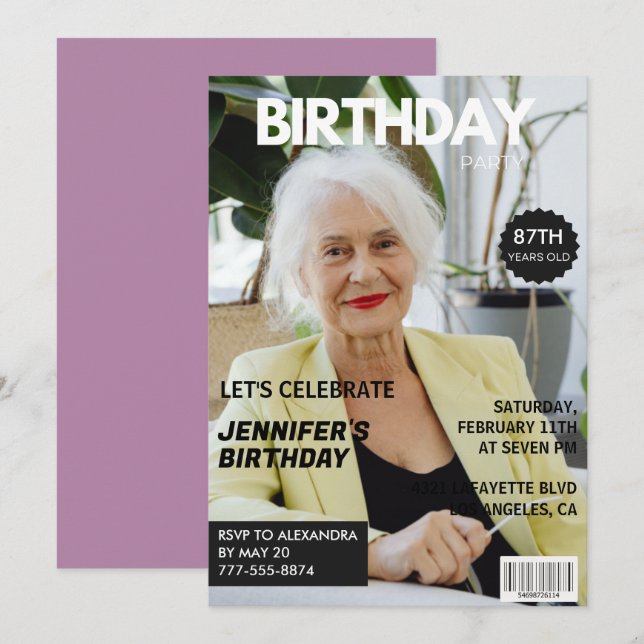 Funny  Stylish Photo Magazine 87th birthday Invitation (Front/Back)