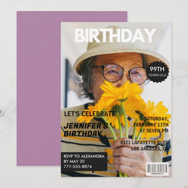Funny  Stylish Photo Magazine 99th birthday Invitation (Front/Back)