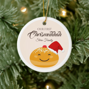 Funny Sufganiyah Our First Chrismukkah, Hanukkah Ceramic Ornament