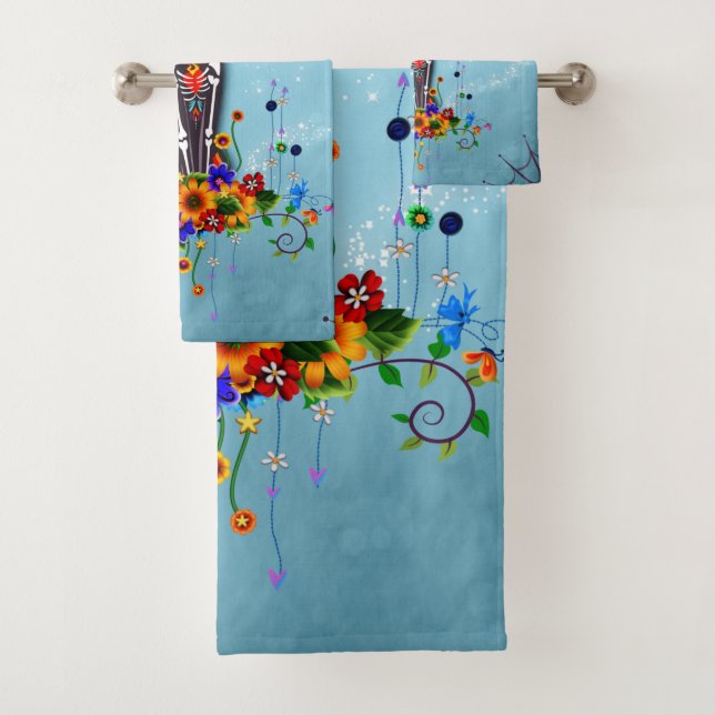 Funny sugar skeleton cat bath towel set (Insitu)