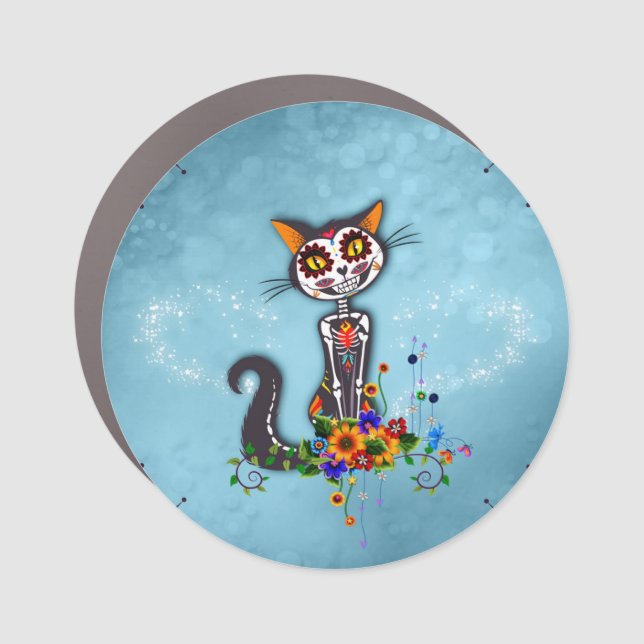 Funny sugar skeleton cat car magnet (Front)