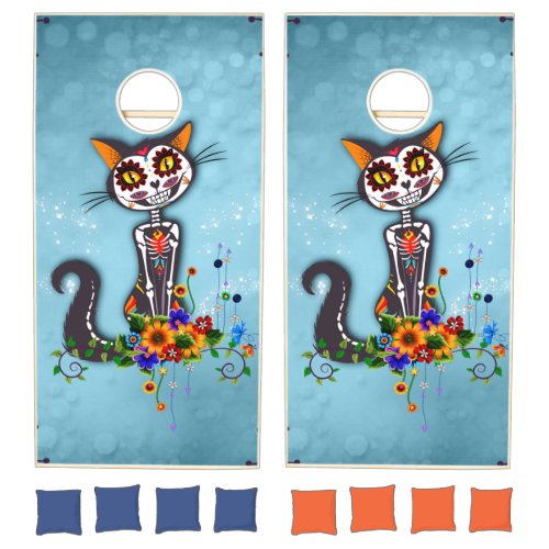 Funny sugar skeleton cat cornhole set