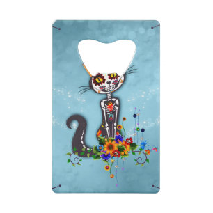 Funny sugar skeleton cat credit card bottle opener