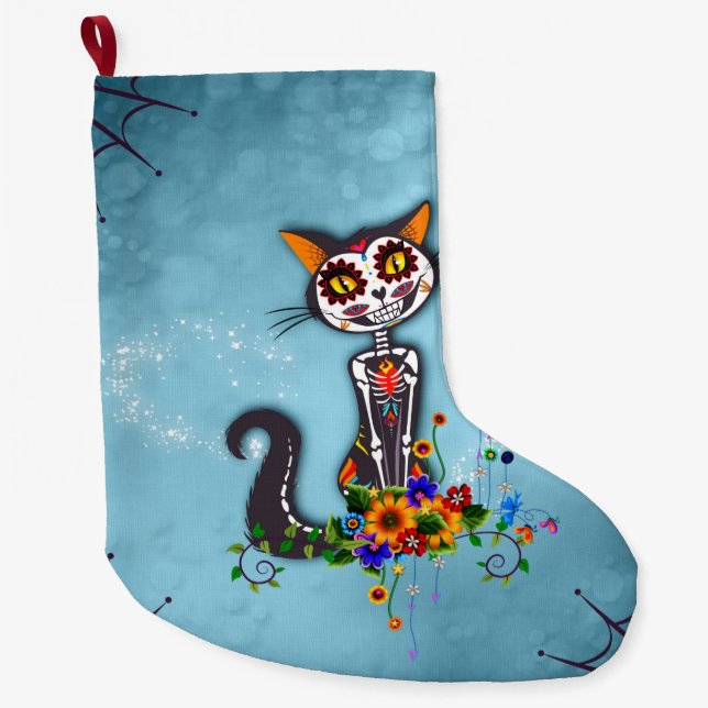 Funny sugar skeleton cat large christmas stocking (Front)