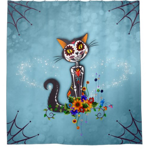 Funny sugar skeleton cat shower curtain