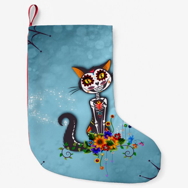 Funny sugar skeleton cat small christmas stocking (Front)