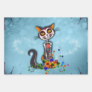 Funny sugar skeleton cat wrapping paper sheets
