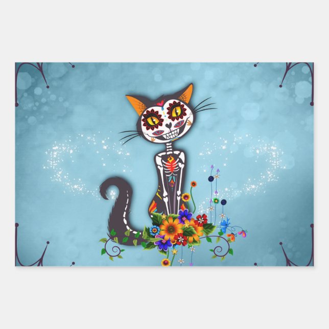 Funny sugar skeleton cat wrapping paper sheets (Front)