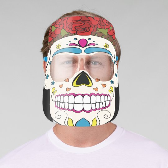 Funny Sugar Skull Big Teeth Face Red Roses Hair Face Shield | Zazzle.com