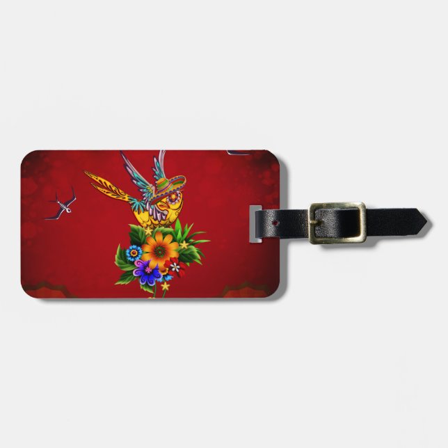 Funny sugar skull bird luggage tag (Front Horizontal)