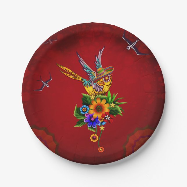 Funny sugar skull bird paper plates (Front)