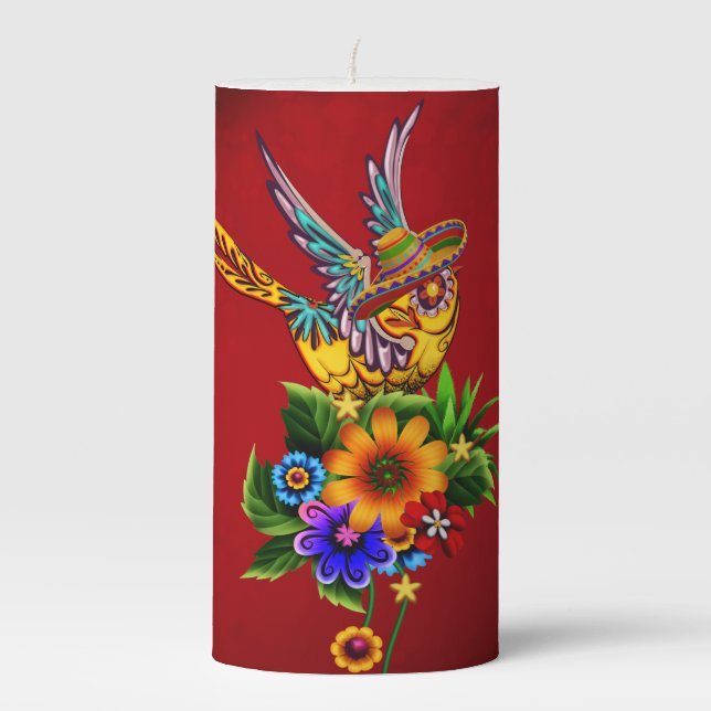 Funny sugar skull bird pillar candle (Front)