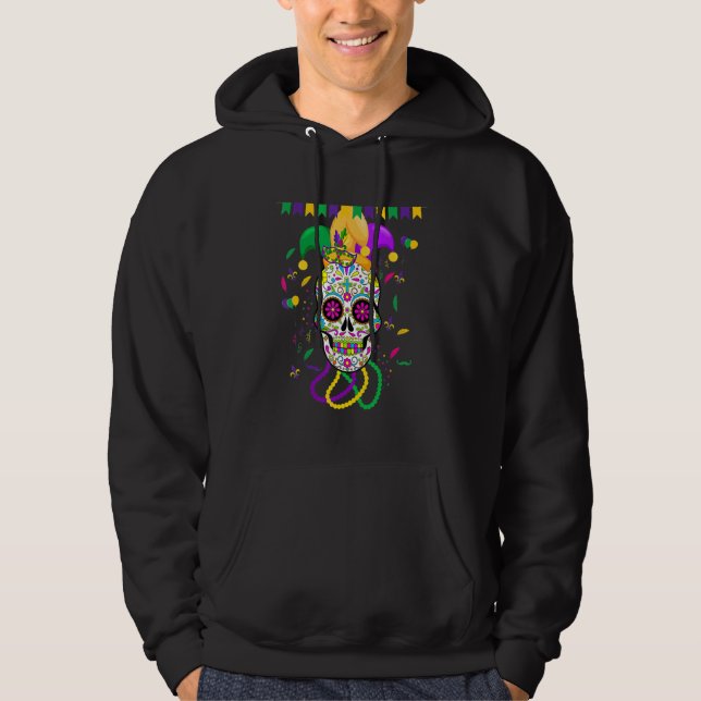 Funny Sugar Skull Carnival Mask Jester Hat Mardi G Hoodie (Front)